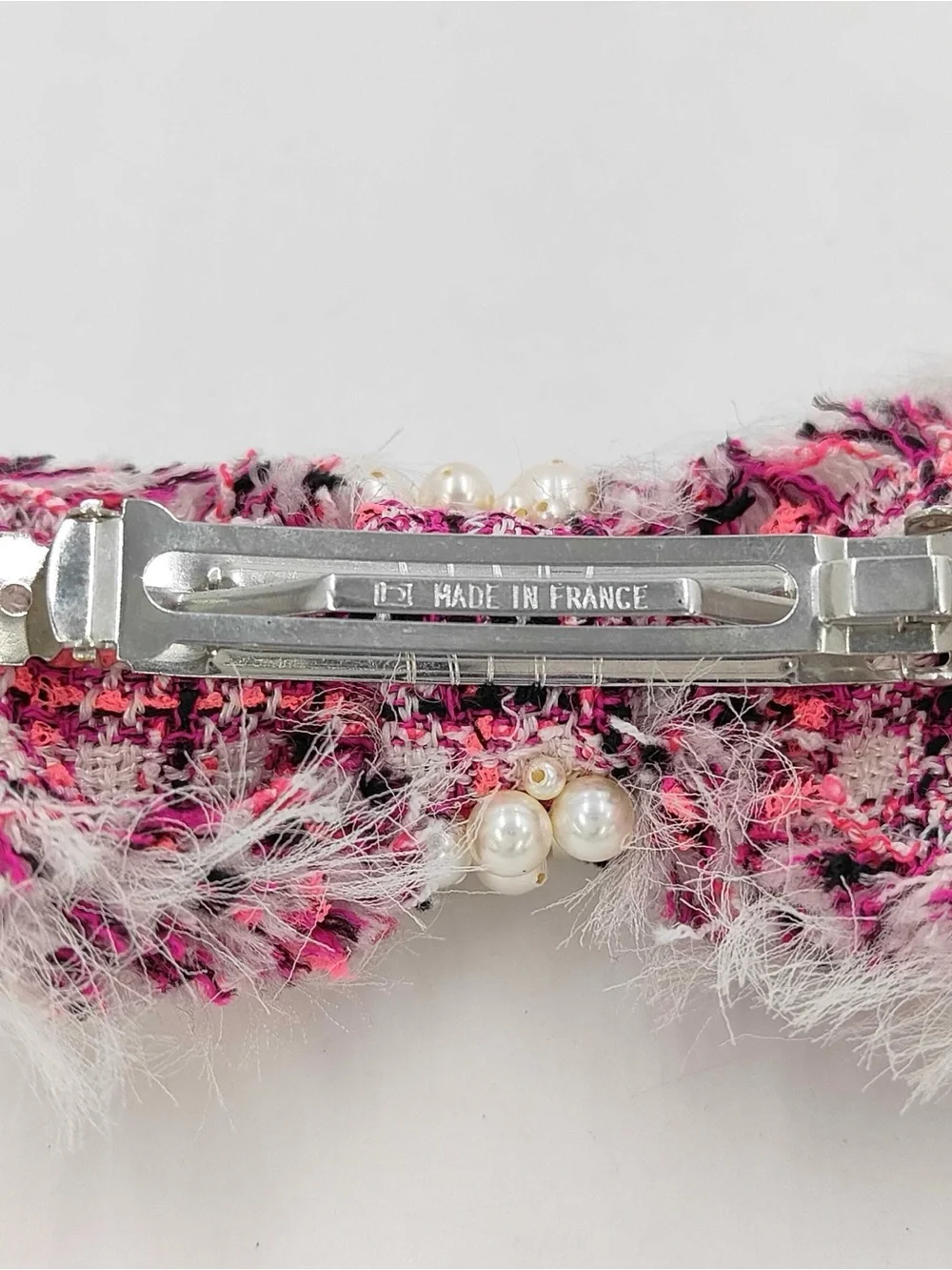 CHANEL Pink Tweed Bow Hair Clip with Clustered Pearls